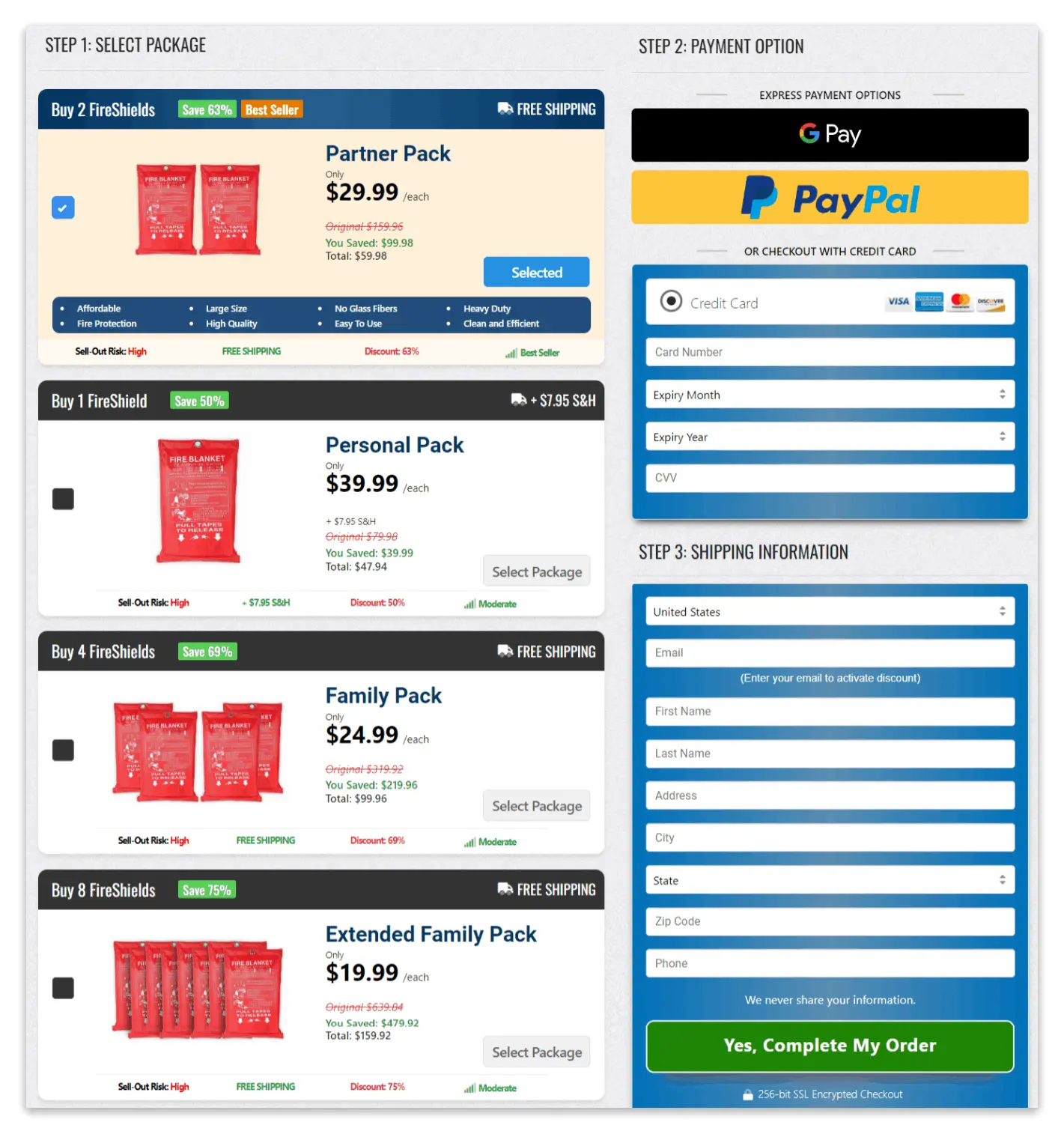 FireShield Blanket checkout page